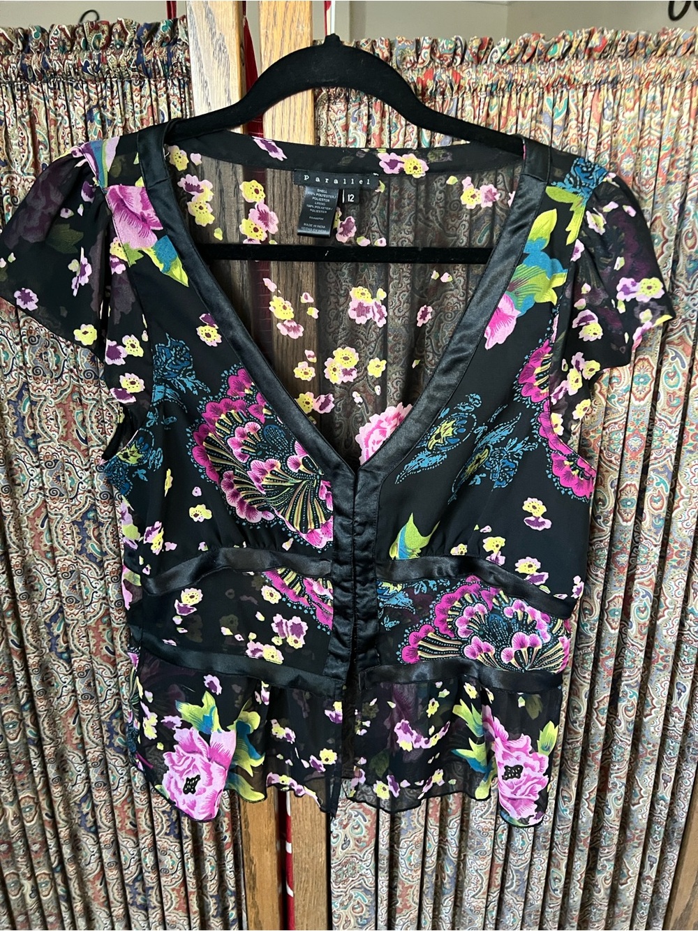 Parallel Black Floral V-Neck Cap-Sleeve Blouse